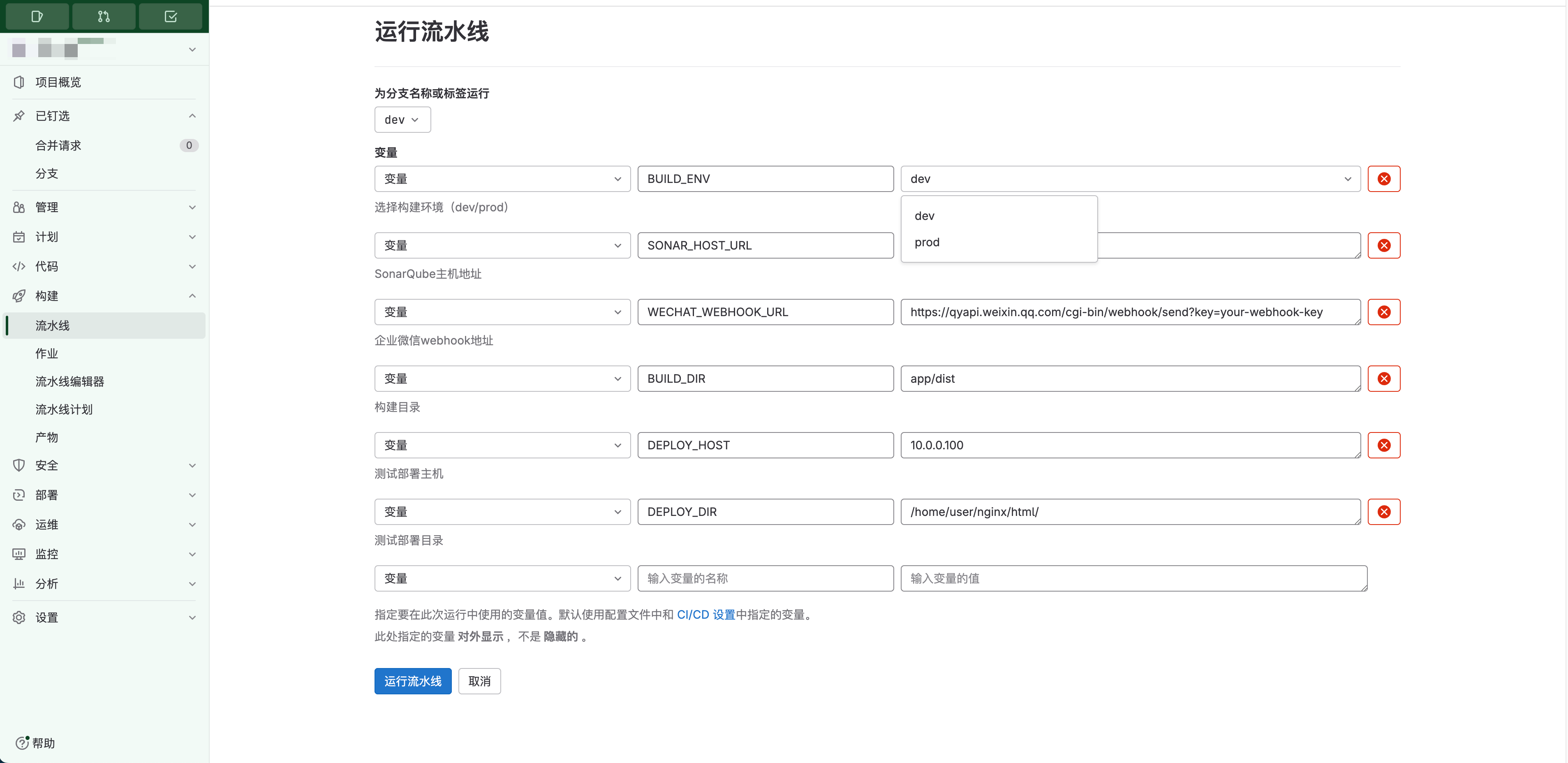 手动运行流水线